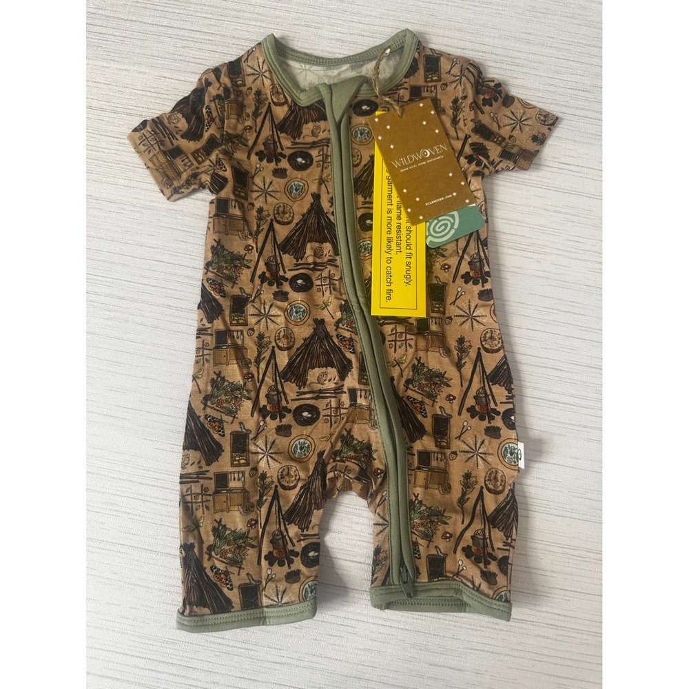 Wildwoven Woodland Camping Print Tencel Modal Zipper Romper 0-3M Brown Green
